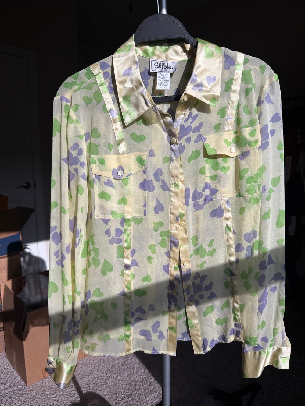 Vintage Bob Mackie Pale Yellow Sheer Blouse with Green & Lavender Heart Print